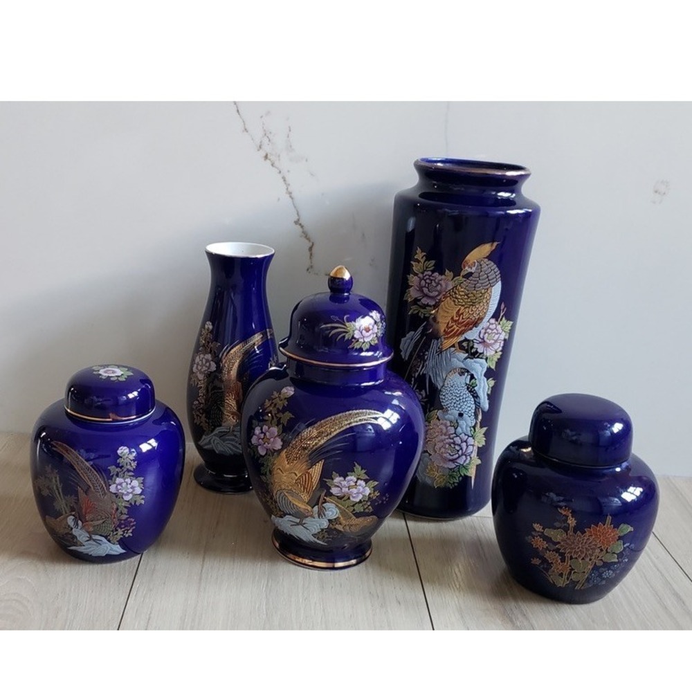 Vintage Japanese Porcelain Vase Set 5 Piece Cobalt Blue Floral Bird Ginger Jar